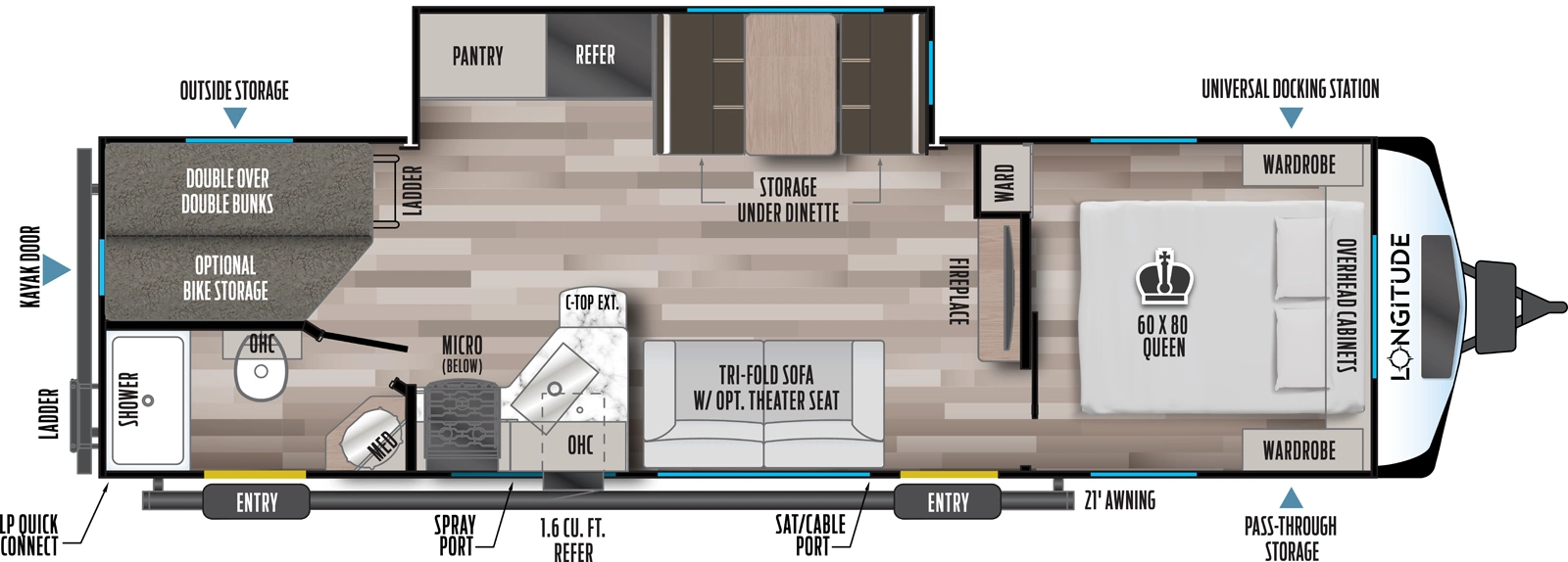 The 285BH has one slideout and two entries. Exterior features front pass-through storage with universal docking station, 21 foot awning, satellite/cable port, refrigerator, spray port, LP quick connect, and rear ladder and kayak door. Interior layout front to back: foot-facing queen bed with overhead cabinets, wardrobes on each side, and off-door side wardrobe; fireplace and TV along inner wall; off-door side slideout with dinette with storage below, refrigerator, and pantry; door side entry, tri-fold sofa (optional theater seat), kitchen counter with extension, sink, overhead cabinet, microwave, and cooktop with air fryer below; rear off-door side double over double bunks with bike storage; rear door side full pass-through bathroom with medicine cabinet, overhead cabinet, and second entry.